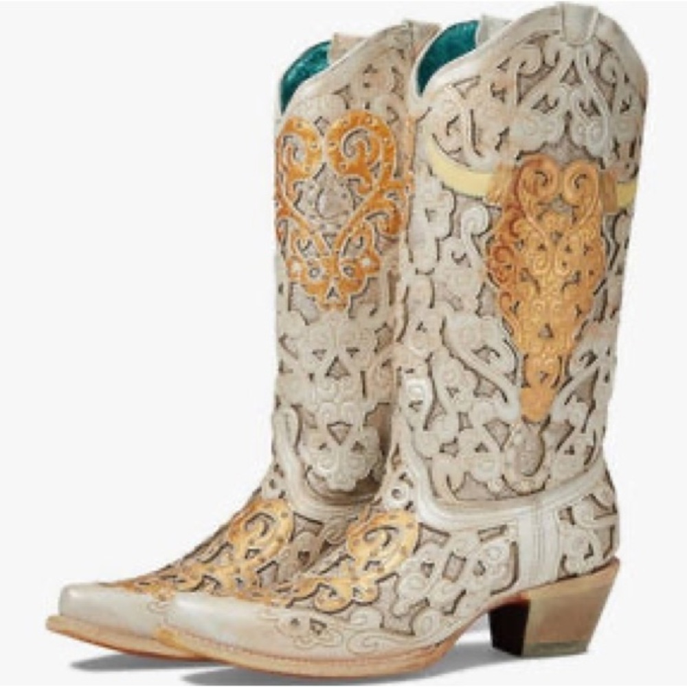 Corral Ladies White Glitter Inlay Bull Skull Horseshoe Boots 7.5